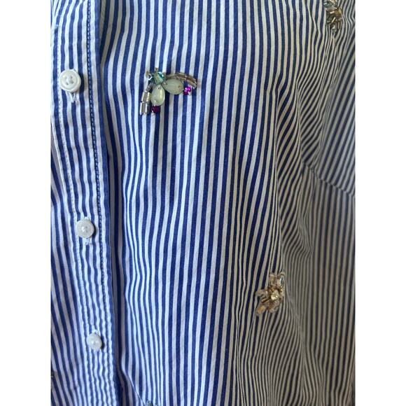 Talbots Blue & White Pin Stripe Rhinestone Bug & Flower Button Down - Picture 2 of 8
